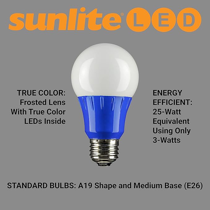 Sunlite 40450 LED A19 Colored Light Bulb, 3 Watts (25w Equivalent), E26 Medium Base, Non-Dimmable, UL Listed, Party Decoration, Holiday Lighting, 3 Count, Blue