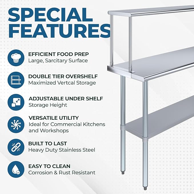 Stainless Steel Work Table with Wide Single Tier Overshelf | Metal Kitchen Prep Table & Shelving Combo (24" x 48" Work Table + 12" Overshelf)