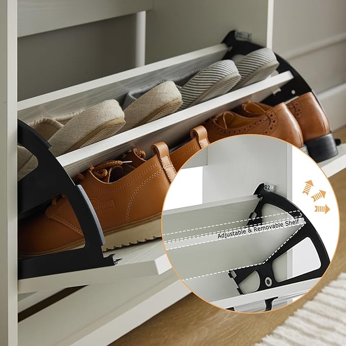 Shoe Storage Cabinet with Bench, Farmhouse Shoe Organizer with Barn Door Design, Space-Saving Hidden Narrow Shoe Rack Cabinet for Entryway, Hallway & Foyer，White