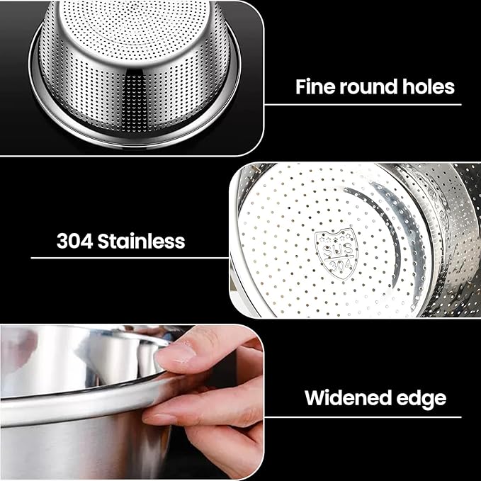 304 Stainless Steel Rice Strainer - Microporous ColanderBeans Washer Strainers And Colanders - Washing Bowl for Fruit Washing Bowl With Strainer (3.5QT)