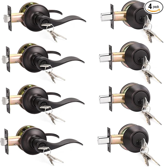 KNOBWELL 4 Pack Keyed Alike Door Lever Handle with Single Cylinder Deadbolt, Oil Rubbed Bronze Exterior Door Knob Lock Set with Deadbolt, Front Door Entry Lever Lockset and Deadbolt Combination Set