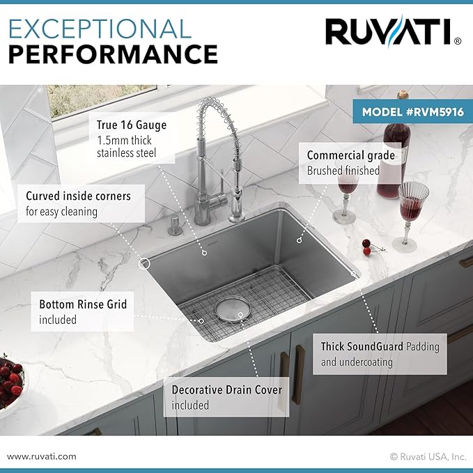 Ruvati 18-inch Undermount Bar Prep Kitchen Sink - 16 Gauge Stainless Steel Kitchen Sinks Single Bowl with Brushed Finish hides scratches, Easy-to-Clean Undermount Sink - RVM5916
