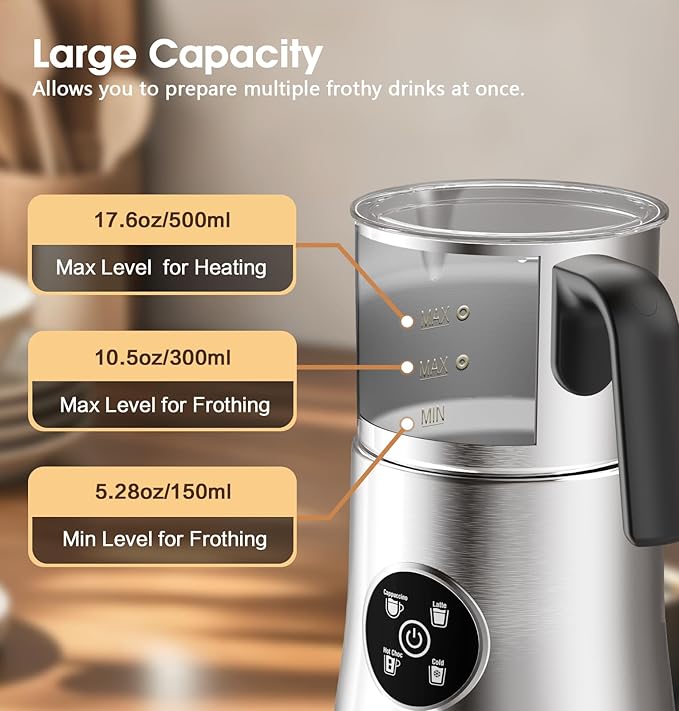 Milk Frother and Steamer, Large Capacity Detachable Electric Milk Frother, Automatic Warm and Cold Foam Maker, Hot Chocolate Maker, BPA Free