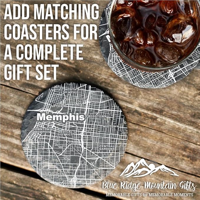 Blue Ridge Mountain Gifts - Memphis Souvenir - Tennessee Glassware Gift, Etched City Map, Laser Engraved and Dishwasher Safe