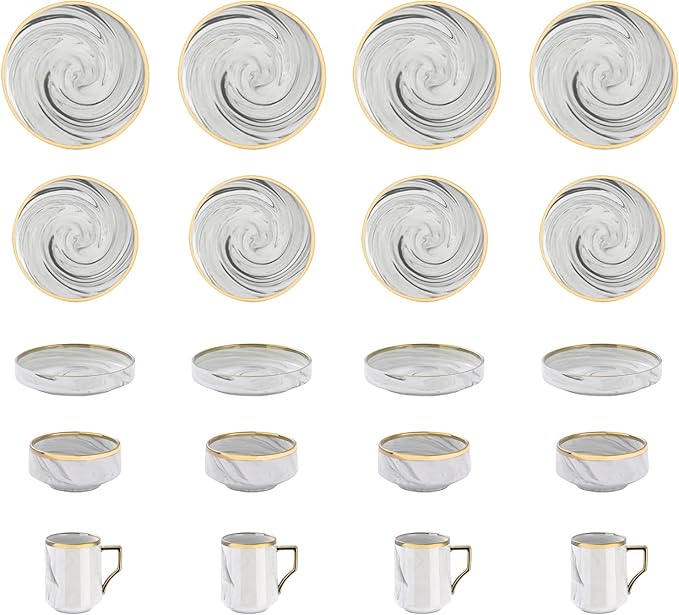 20 Piece Plates and Bowls Sets, Fine China Artisan Marbled Dinner Set for 4, Dishwasher Safe, Scratch Resistant, Grey with Gold Line