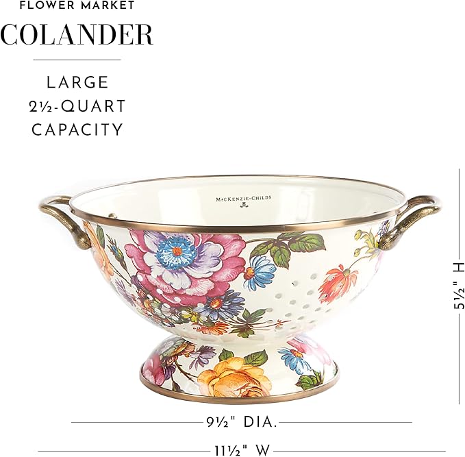 MACKENZIE-CHILDS Enamel Colander, Decorative Kitchen Strainer, Large, White Flower Market