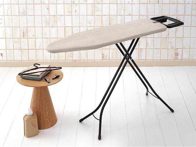 Brabantia - Ironing Board B – Solid Steam Iron Rest – Adjustable Height – Non-Slip Rubber Feet – 100% Fairtrade Cotton Cover with Foam Padding – Foldable – Denim Gray – Size B (49 x 15 in)