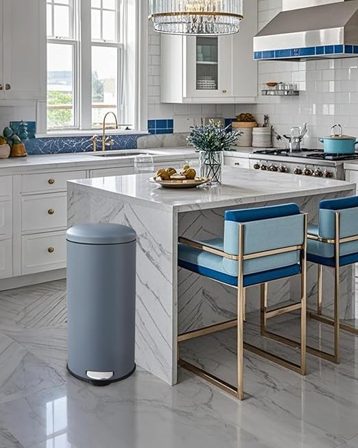 8 Gallon Trash Can, Pedal Trash can with lid, Stainless Steel Garbage Can, Soft Close Lid, Removal Liner, Round Trash bin for Kitchen, Office, Living Room or Bathroom, Grey