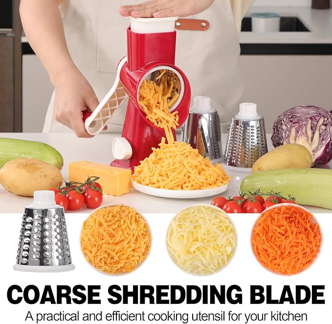 Cheese Grater Cheese Shredder with 3 Interchangeable Blades, Rotary Cheese Grater Manual Vegetable Slicer with Non-slip Suction Base Peanut Nuts Grinder Vegetable Shredder Red