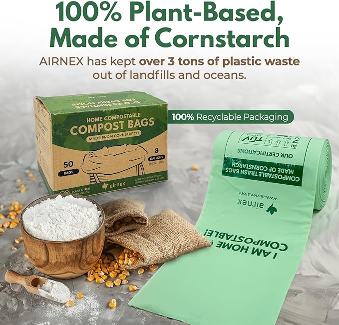 Compostable Kitchen Trash Bags 8 Gal - Cornstrarch Leakproof & Tear Resistant 50 Compost Bags - OK Compost Home & Seedling Certified 0.22 mm Kitchen Garbage Bags