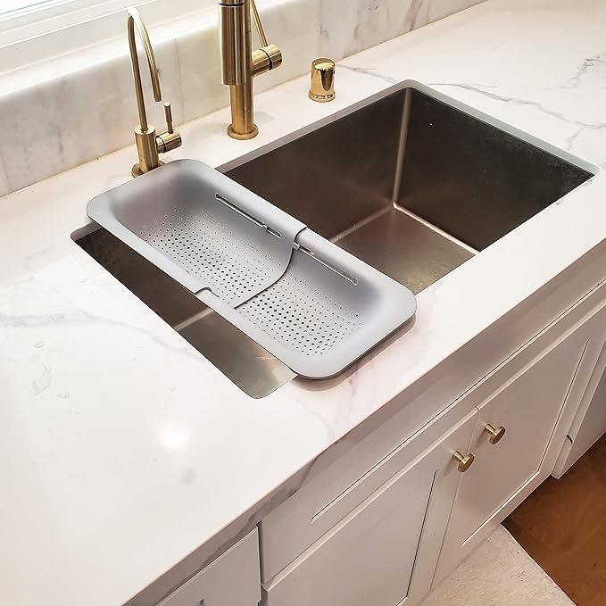 Makerstep Over the Sink Colander Strainer Basket - Expandable, Wash, Drain, and Dry. - New Home Kitchen Essentials, Multifunctional Kitchen Gadgets, Grey 14.25x8