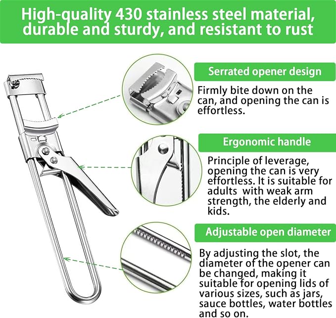 New Adjustable Stainless Steel Jar Opener, 2026 Upgrade Jar Opener for Weak Hands, 3 Pcs Multi-functional Lid Gripper Bottle Opener with Handle, Easy-Open Kitchen Tool for Seniors and Kids