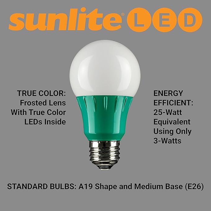 Sunlite 40469 LED A19 Colored Light Bulb, 3 Watts (25w Equivalent), E26 Medium Base, Non-Dimmable, UL Listed, Party Decoration, Holiday Lighting, 6 Count, Green