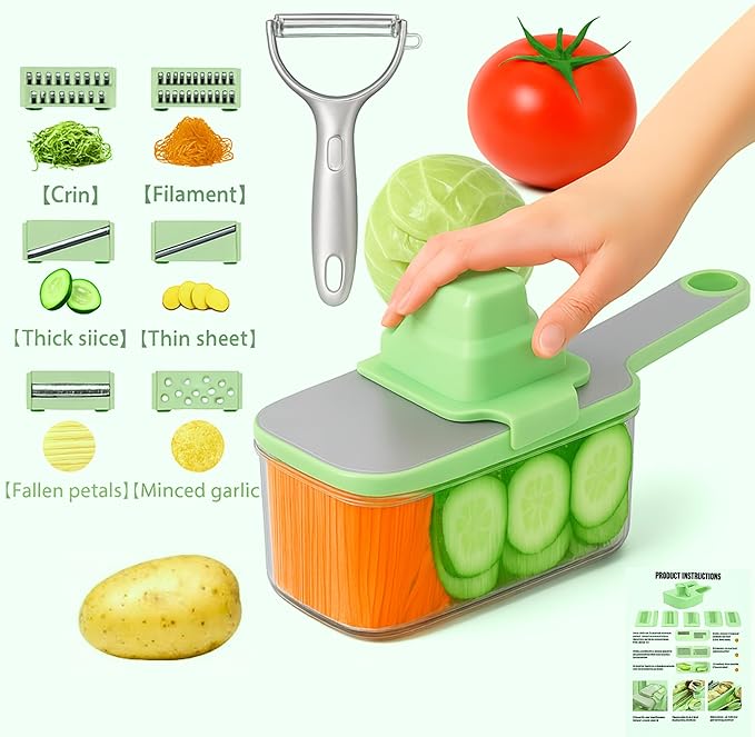 Multifunctional Mandoline food Slicer & Vegetable Chopper with Container – 6-in-1, mandolin, Cutter, Grater, Potato Slicer, Tomato Cutter, cabbage grater & Fruit/Veggie Shredder -Safe & Easy to Use
