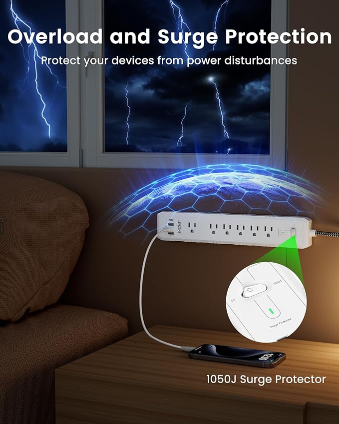 2 Prong to 3 Prong Outlet Adapter, LENCENT 2 Prong Power Strip, 1050J 2 Prong Flat Plug Surge Protector, 6ft Extension Cord, 6 AC Outlets & 4 USB(1 Type-C), Ideal for Non-Grounded Outlets