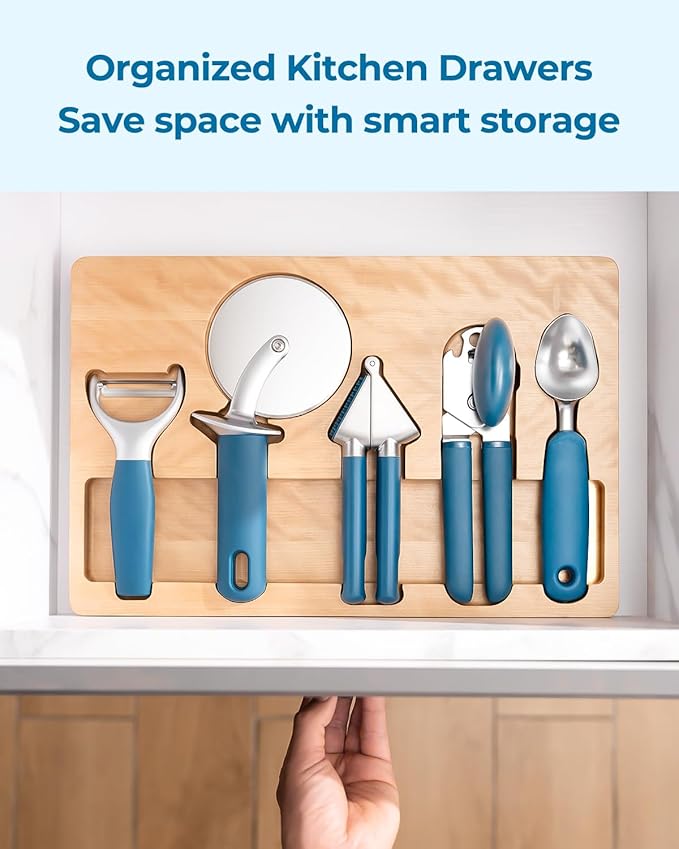 OOU Kitchen Gadget Set, 5 Piece Premium Zinc Alloy Kitchen Tools with Ergonomic TPE Handles – Includes Can Opener, Pizza Cutter, Garlic Press, Ice Cream Scoop, Peeler, and Wooden Storage Tray