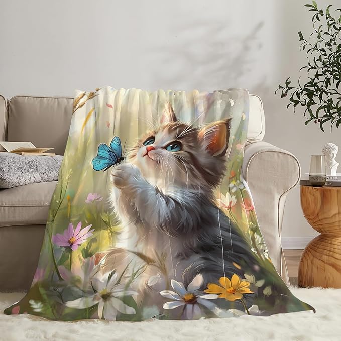 Cat Blanket Gifts for Girls Boys Blue Butterfly Throw Blankets Cozy Plush Cute Flower Fleece Lightweight Flannel Fuzzy 60"X50"