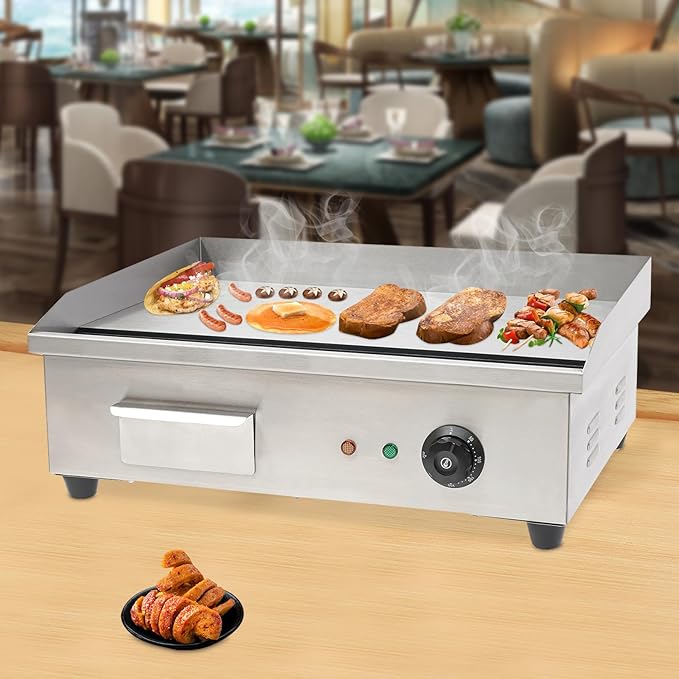 Electric Countertop Griddle Commercial BBQ Grill, Stainless Steel BBQ Flat Top Grill Hot Plate Countertop Electric Stove with Adjustable Thermostatic Control for Steak Kitchen (3KW Style B)