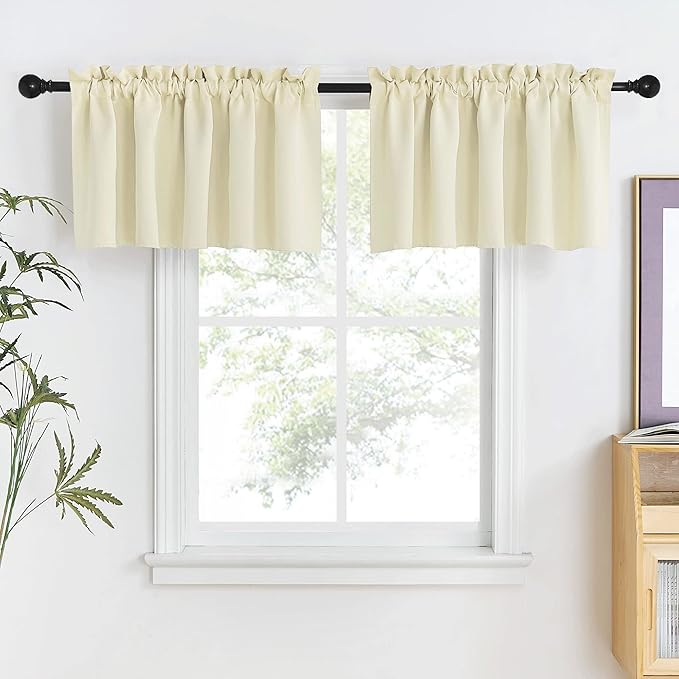NICETOWN Farmhouse Valances for Bedroom, Room Darkening Adjustable Rod Pocket Tall Window Covering for Living Room Kitchen Cabinet Cupboards (52x18 Inch + 1.6 Inch Header, Light Beige, 2 Panels)