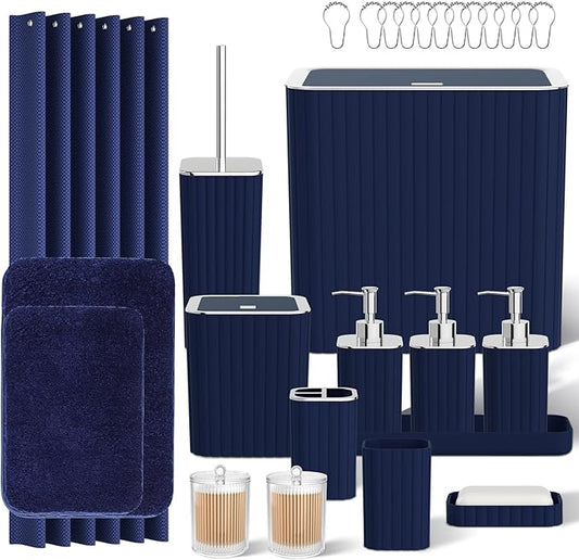 Bathroom Accessory Set - Bathroom Set, 27PC Bathroom Accessories Set, Navy Blue Bathroom Sets with Shower Curtain and Rugs, Mini Trash Can, Toilet Brush, Trash Can & Soap Dispenser
