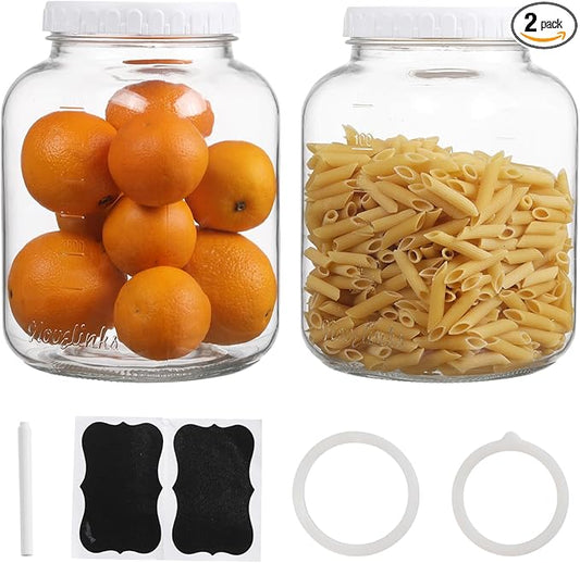 2 Pack 1 Gallon Glass Mason Jars, Super Wide Mouth Heavy Duty Jar with Airtight Lid, Large Capacity Glass Container with Silicone Gasket-Extra Tag for Kitchen (Plastic Lid)