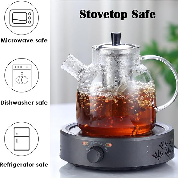 TMOST Glass Teapot with Removable Infuser, Stovetop Safe Tea Kettle blooming Loose Leaf Tea pot (33oz/1000ml)