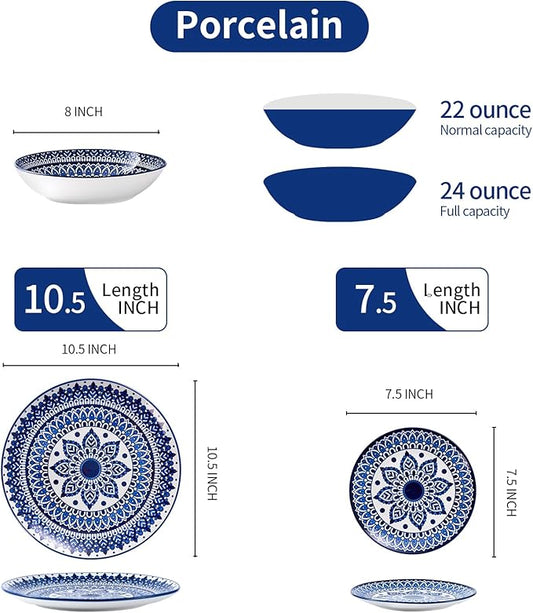 Bestone Porcelain Dinnerware Sets Service for 4, 12 pcs Hand drawn Plates and Bowls Sets, Handmade Ceramic Dish Set, Chip Resistant Modern Plate Set, Dishwasher/Microwave Safe，Vintage Blue