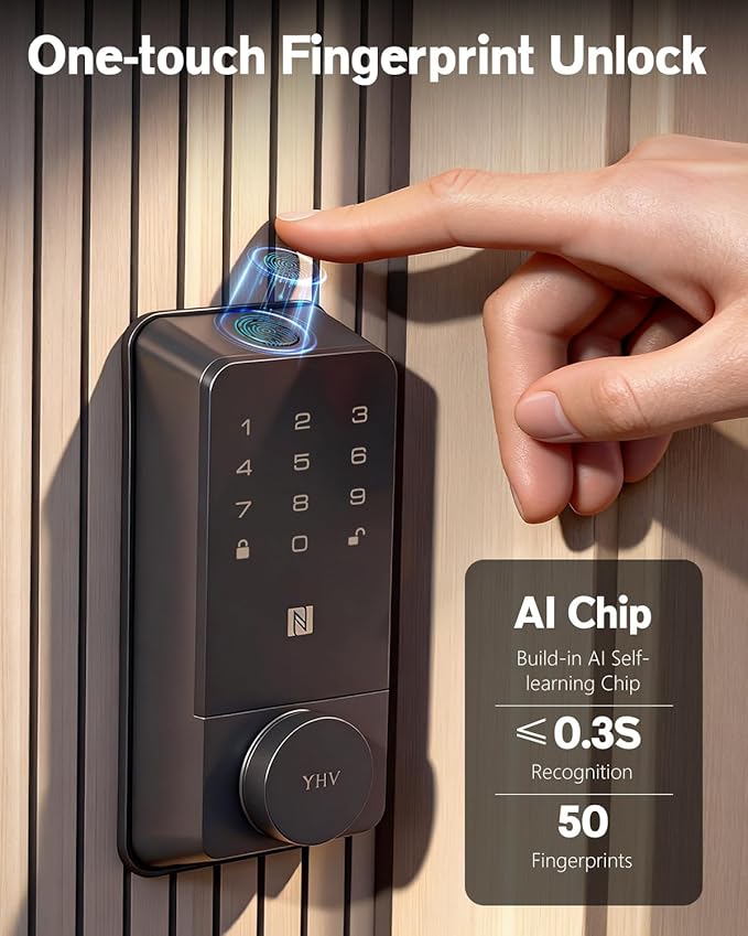 Keyless Entry Door Lock, Fingerprint Smart Lock with Apple Home Safety Deadbolt Supports Apple Homekit with Code, Built-in Wi-Fi, App Remote Control, Touchscreen Keypad for Front Door, Bedrooms