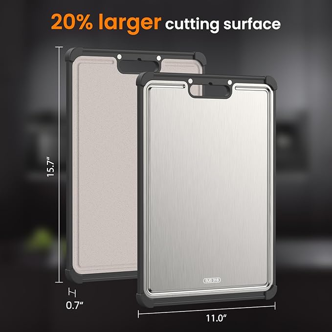 Premium 316 Stainless Steel Cutting Board for Kitchen– Double Sided,& BPA-Free Chopping Board with Food-Grade Steel &Eco-Friendly Wheat Straw PP,for Meat&Vegetables Healthy cutting boards non toxic