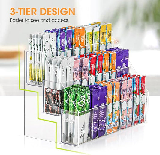 AIEVE Drink Packet Organizer with 15 Compartments, Water Packet Organizer for Water Flavor Drink Mix, Easy Assembly Acrylic Sugar Packets Holder for Cabinet Kitchen Storage Organization