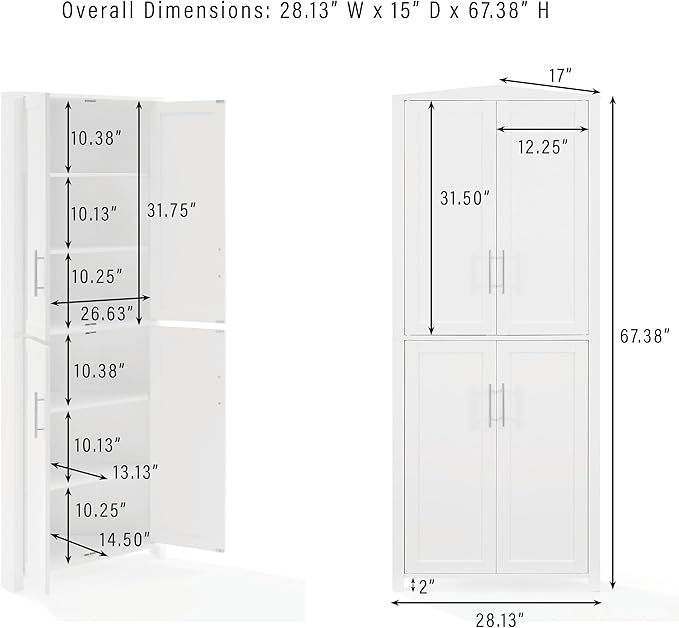 Crosley Furniture Savannah Traditional Corner Pantry Storage Cabinet with Shelves, Kitchen, Dining, Laundry, White