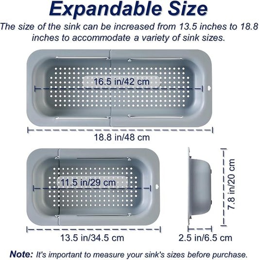 Extendable Sink Colander Strainer Basket - Wash Vegetables and Fruits, Drain Cooked Pasta and Dry Dishes - Adjustable Over the Sink Colander Collapsible Drainer Basket -Gray