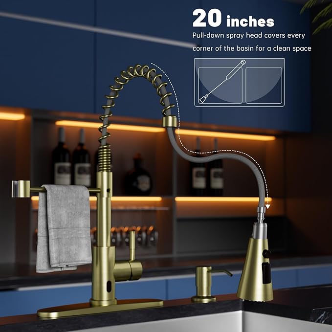 DAYONE Brushed Gold Touchless Kitchen Sink Faucets with Soap Dispenser, Pull Down Smart Hands-Free Spring Faucet for Kitchen Sink Motion Sensor Touch Faucet High Arc