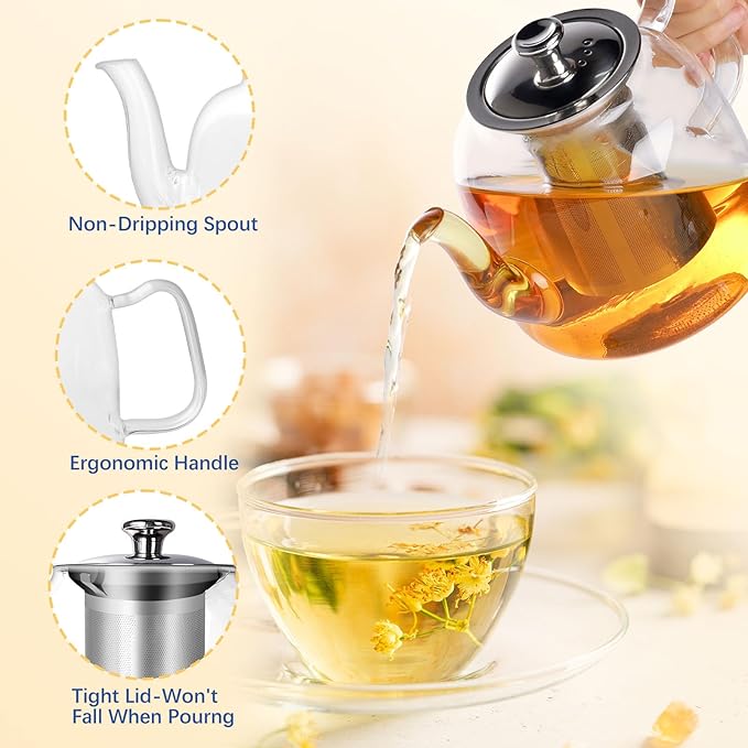 Glass Teapot with Infuser and Lid, 1300ml/43oz Borosilicate Glass Teapot with Stainless Steel Mesh Infuser for Loose Leaf & Blooming Tea, Stovetop & Microwave Safe