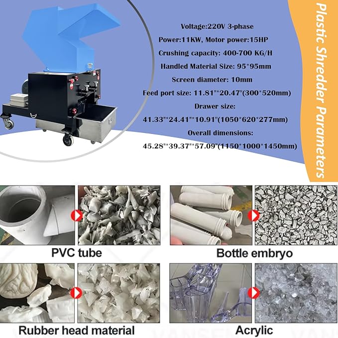Plastic Shredder Grinder Plastic Bottle Crusher 11KW Heavy Duty Granulator Pulverizer Recycling Machine for ABS/PP/EVA/PC/PVC/PU/Nylon/Rubber/Wood 220V 3-Phase