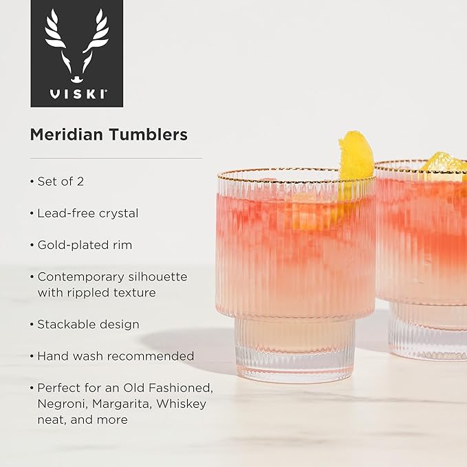 Viski Meridian Lowball Glasses Set of 2 - Premium Crystal Clear Vintage Drinking Tumblers for Whiskey, Scotch & Bourbon in Art Deco Ripple Glassware Design, Gold Rimmed Glassware Gift Set, 12 oz