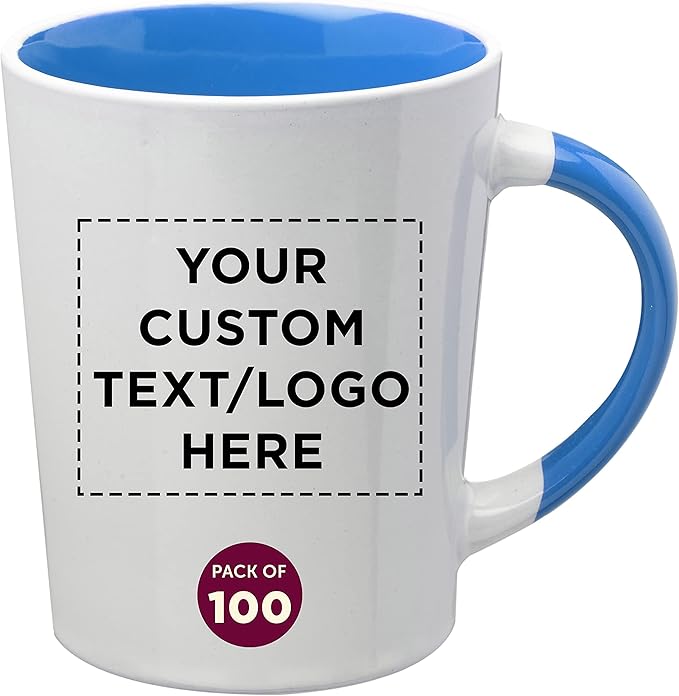 Custom Ceramic Latte Coffee Mugs by Albany 13 oz. Set of 100, Personalized Bulk Pack - Perfect for Coffee, Tea, Espresso, Hot Cocoa, Other Beverages - Process Blue
