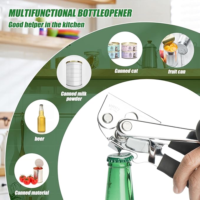 3Pcs Commercial Can Opener Stainless Steel Handheld Can Opener Smooth Edge with Easy Crank Handle Black Swing Grips for Bulk Cans and All Size Cans