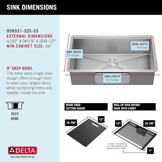DELTA FAUCET DELTA Rivet 32-Inch Workstation Kitchen Sink Undermount 16 Gauge Stainless Steel Single Bowl with WorkFlow Ledge and Chef’s Kit of 6 Accessories, 95B931-32S-SS