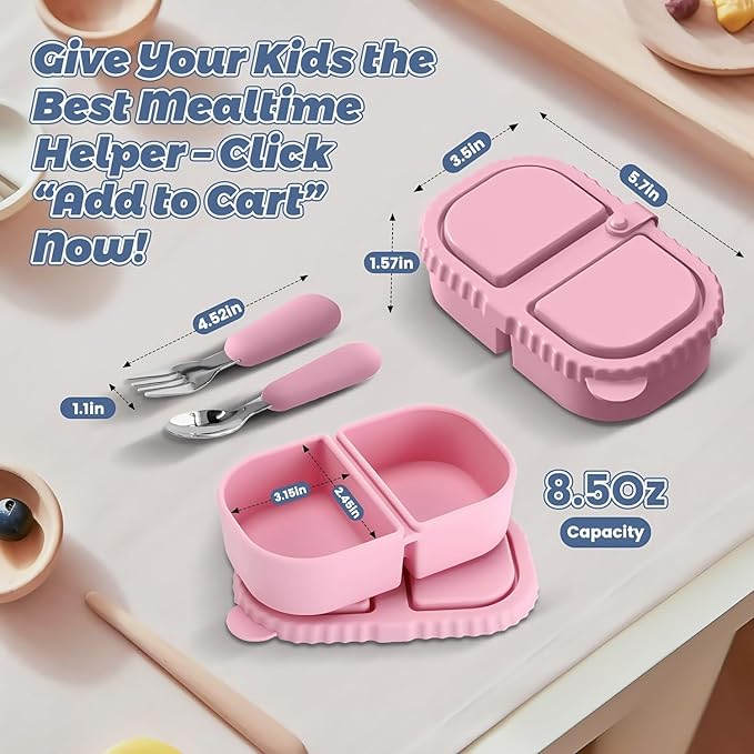 Silicone Snack Containers for Kids (8.5Oz, 2-Compartment)+ Kids Silicone Cutlery Set (Spoon and Fork) - BPA Free, Leak Proof, Great for Toddler/Kid/Adult Meal Prep Containers (pink)