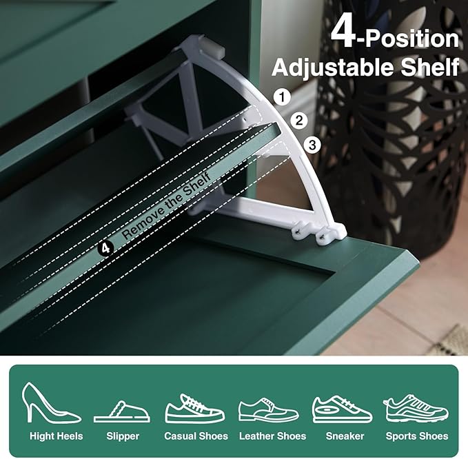 Shoe Storage Cabinet,Farmhouse Shoe Organizer with 2 Flip Drawers & Barn Door Design,Freestanding Hidden Slim Narrow Shoe Rack Cabinet with Open Storage for Entryway, Foyer,Hallway,Green
