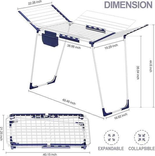 APEXCHASER Clothes Drying Rack Foldable - Drying Rack Clothing Large Space, Winged Laundry Rack with Sock Clips for Hanging Towels Clothes Dress Bedding Indoor Outdoor, White