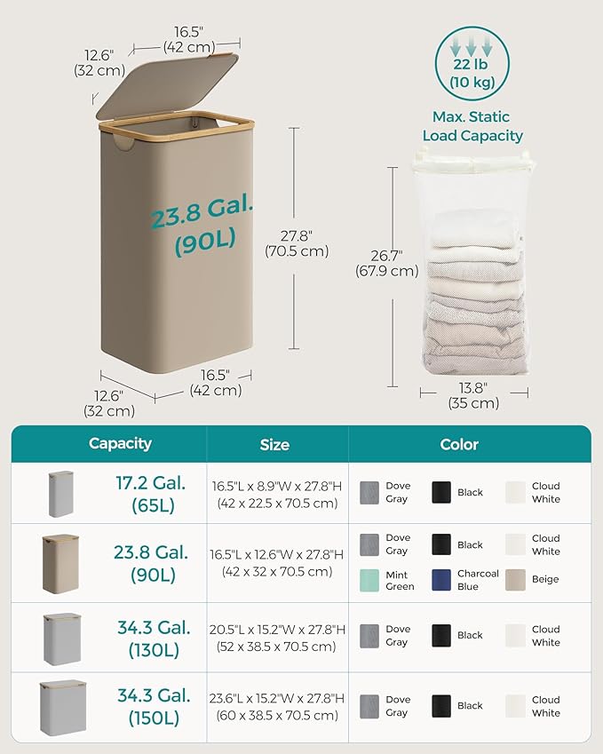 SONGMICS Laundry Hamper with Lid, Large Laundry Basket, 23.8 Gallons (90L), Removable Mesh Liner, Bamboo Handles, Collapsible, 16.5 x 12.6 x 27.8 Inches, Camel Brown ULCB509N01