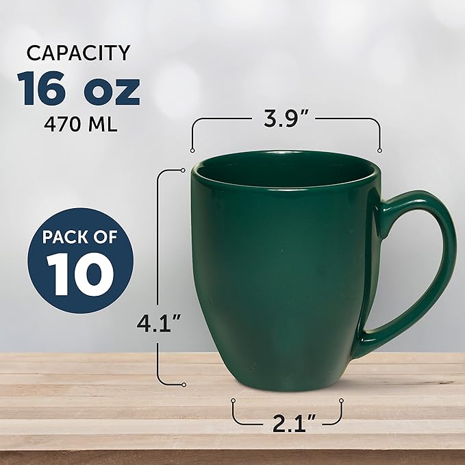 DISCOUNT PROMOS Large Coffee Cups 16 oz. Set of 10, Bulk Pack - Perfect for Tea, Espresso, Cappuccino, Hot Cocoa - Green