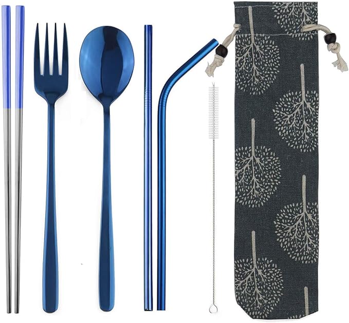 304 Stainless Steel Flatware Set Reusable Utensils Set with Straws Portable Travel for Camping Hiking,Dishwasher Safe,Set of 7, Mirror Blue