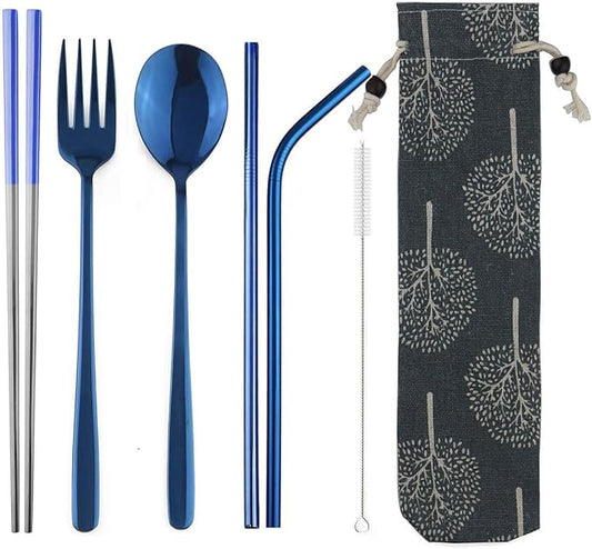 304 Stainless Steel Flatware Set Reusable Utensils Set with Straws Portable Travel for Camping Hiking,Dishwasher Safe,Set of 7, Mirror Blue
