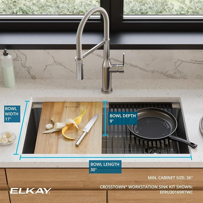 Elkay EFRU30169RTWC Crosstown 31-1/2" Undermount Single Basin Stainless Steel Kitchen Workstation Sink with Basin Rack, Basket Strainer, Colander, and Cutting Board - Stainless Steel