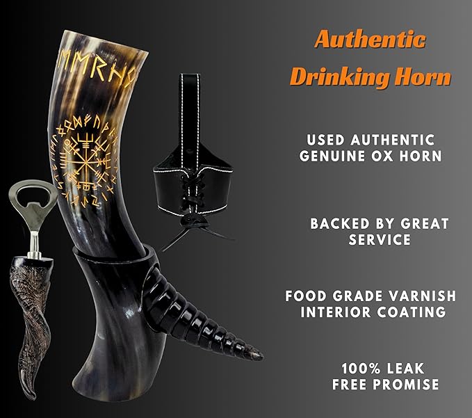 Genuine Ox-Horn Viking Drinking Horn Unique & Hand Crafted with Bottle Opener, Leather Holster Food Grade Tankard Cup for Drink Beer, Ale, Mead, Whiskey Gift For Men & Women…