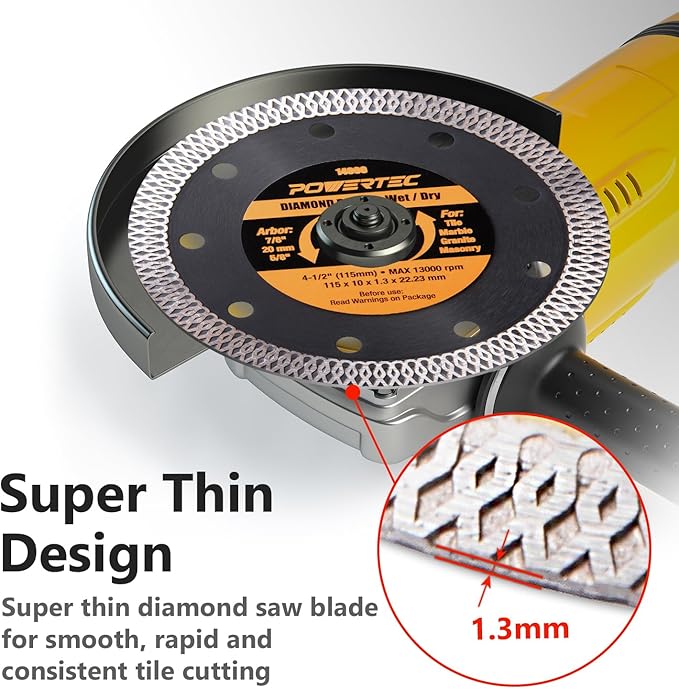 POWERTEC 14031 4-1/2 Inch Diamond Saw Blade for Angle Grinder – 1pk Super Thin Turbo Mesh Rim Blade for Cutting Porcelain, Granite & Ceramic Tile w/ 4pk Large Square Grout Sponge – Tile Grout Removal