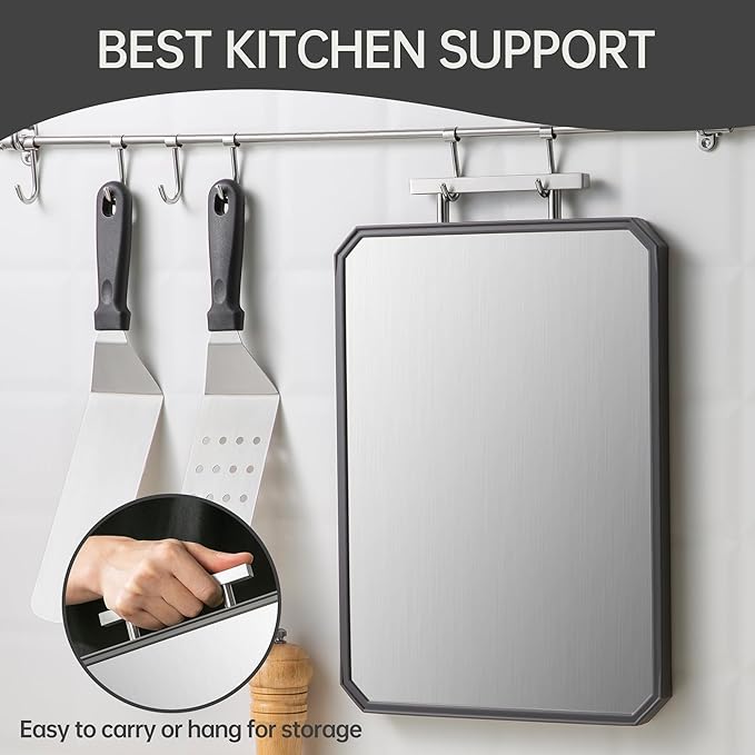 Stainless Steel Cutting Board, Double Sided Stainless Steel/Wheat straw pp Cutting Boards for kitchen, Large Chopping Board with Handle for Meat and Kitchen, 16.7”×10.4”